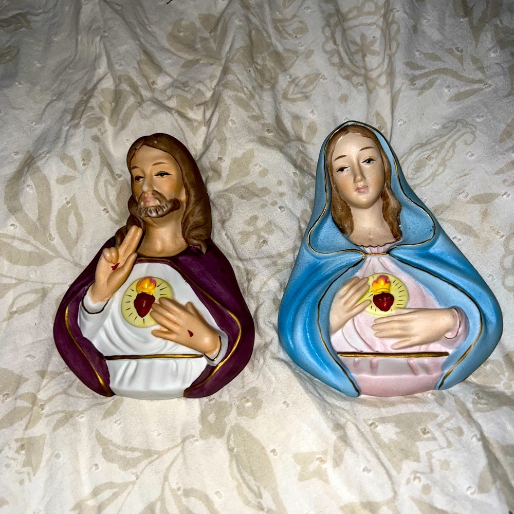 Vintage Chalkware Heart of Jesus and Mary